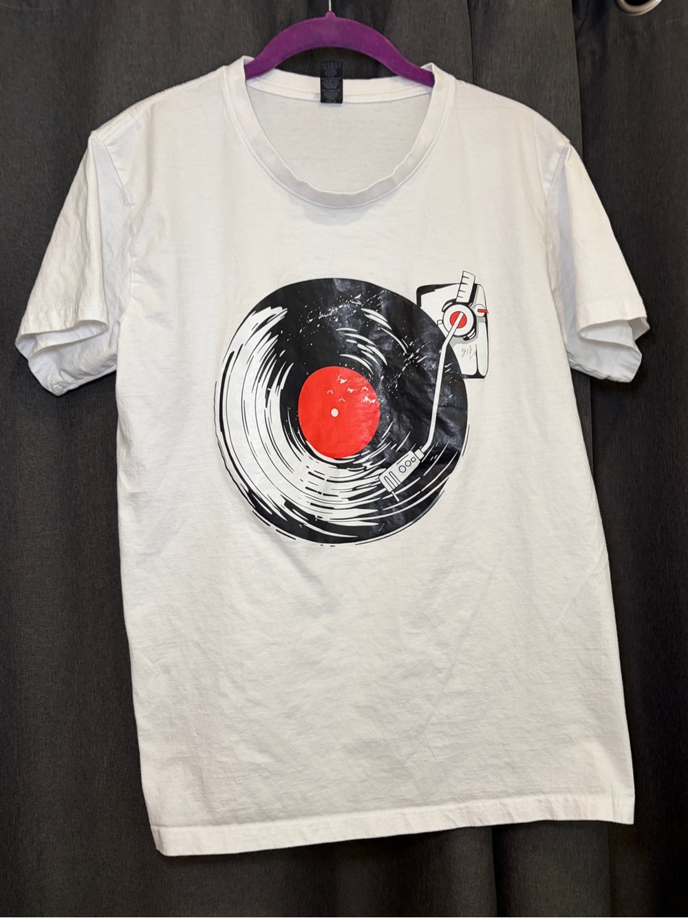 White Graphic Tee with Vinyl Record Print size medium